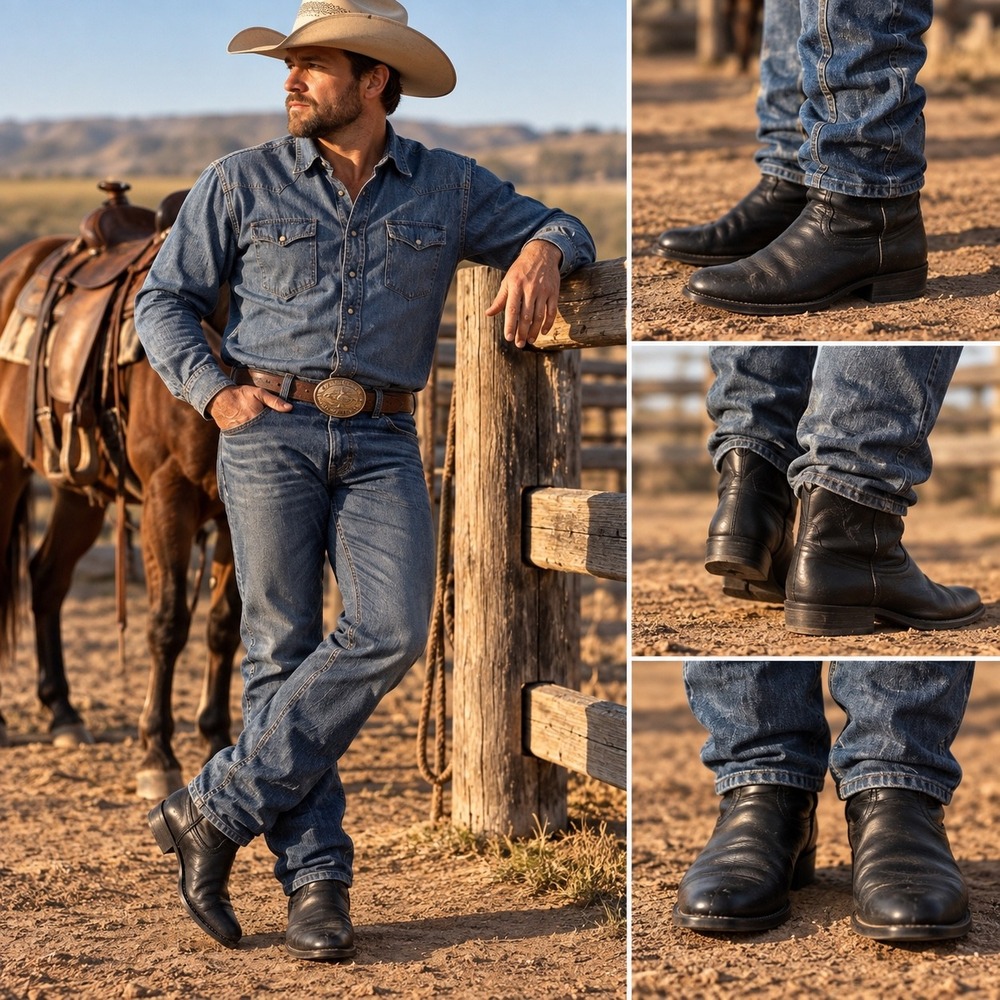 Justin Mens Black Leather Roper Western Boots 3133 Round Toe Size 10.5 D